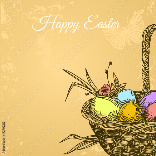 Beautiful background with basket of eggs. Vintage card. Engraving style. Vector illustration.