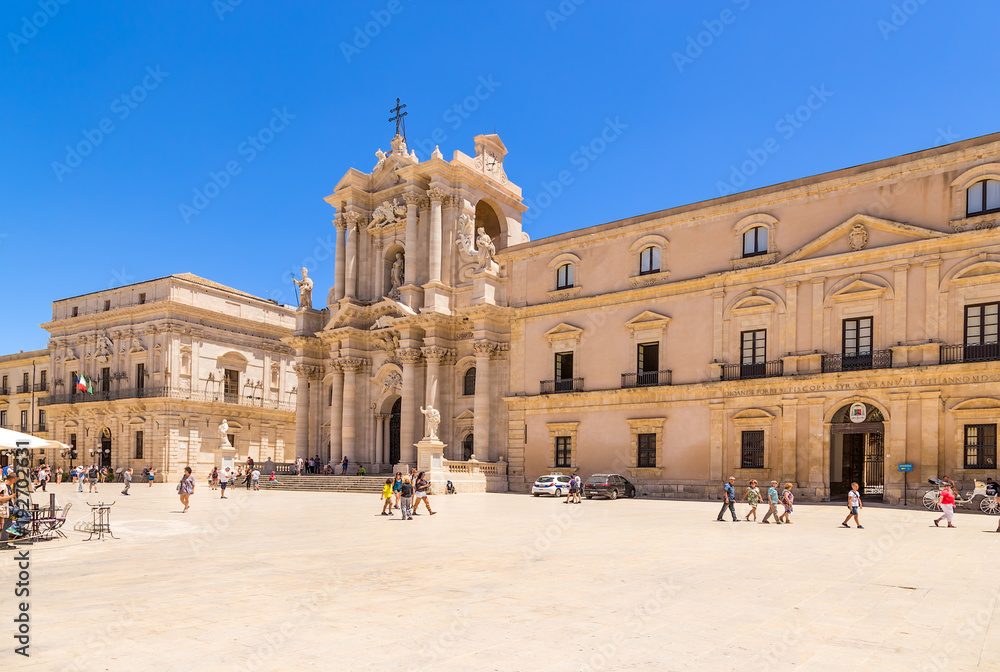 Syracuse, Sicily. Cathedral Square on the island of Ortigia (wholly included in the UNESCO World Heritage List). In the center is the Baroque facade of the Cathedral