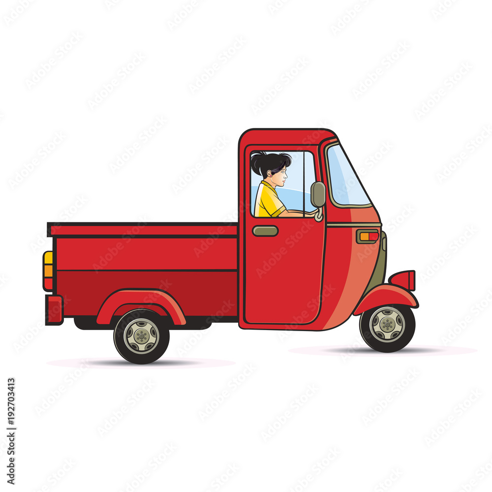 girl riding a red delivery three wheeler vector cartoon