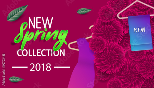 Spring banner "new collection" with paper flowers for online shopping, advertising actions, magazines and websites. Spring new collection background with beautiful colorful flower.