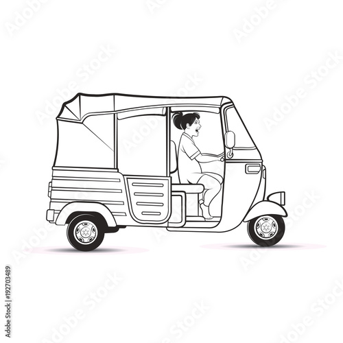 black outline happy lady riding a three wheeler vector cartoon