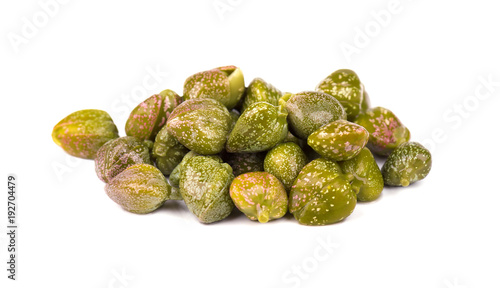 Capers isolated on white background. Pickled capers. Canned capers