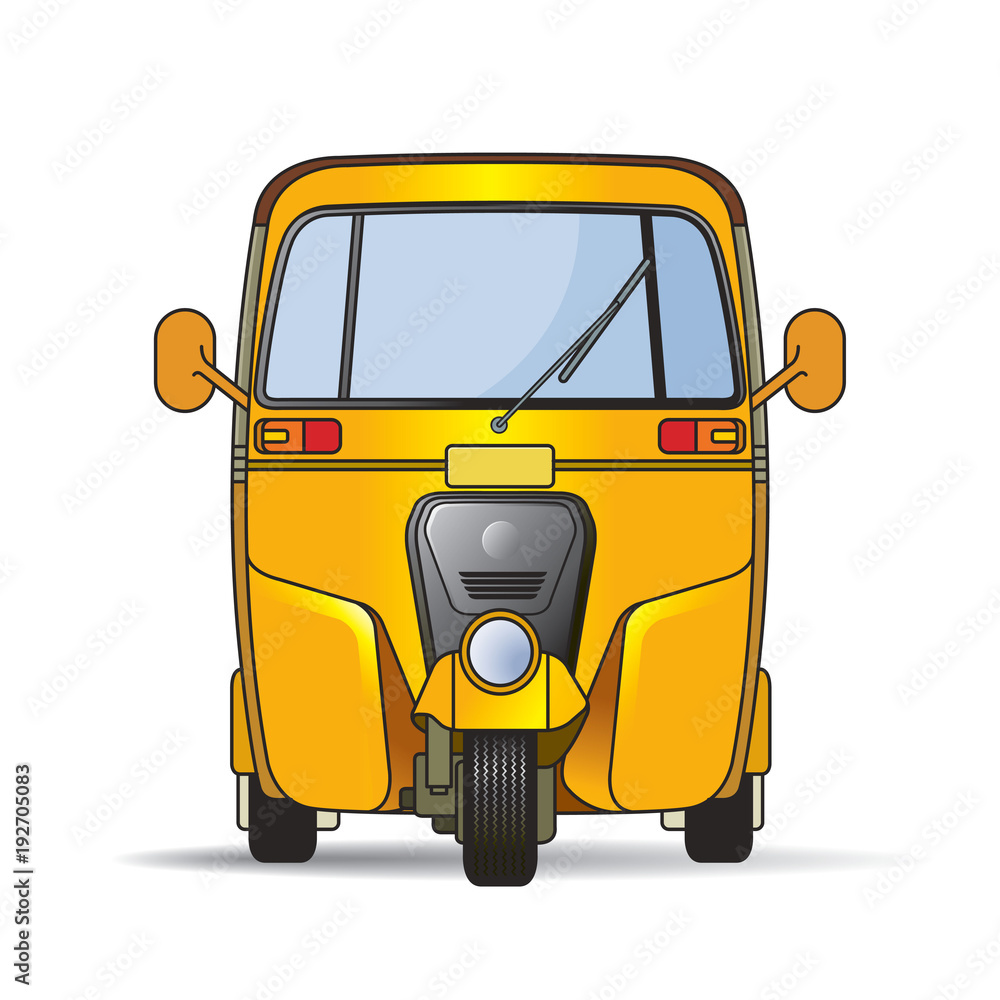 yellow color three wheeler or Tuktuk front view vector illustration