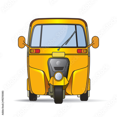 yellow color three wheeler or Tuk-tuk front view vector illustration