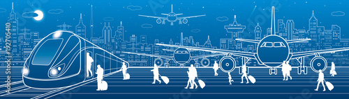 Transport panorama. Passengers get on the train leaving the airplane. Travel transportation infrastructure. Plane is on the runway. Night city on background, vector design art