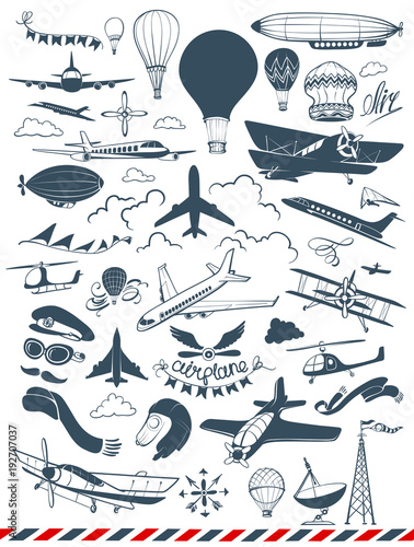 Aeronautics and Aircraft Hand drawn Vector Set