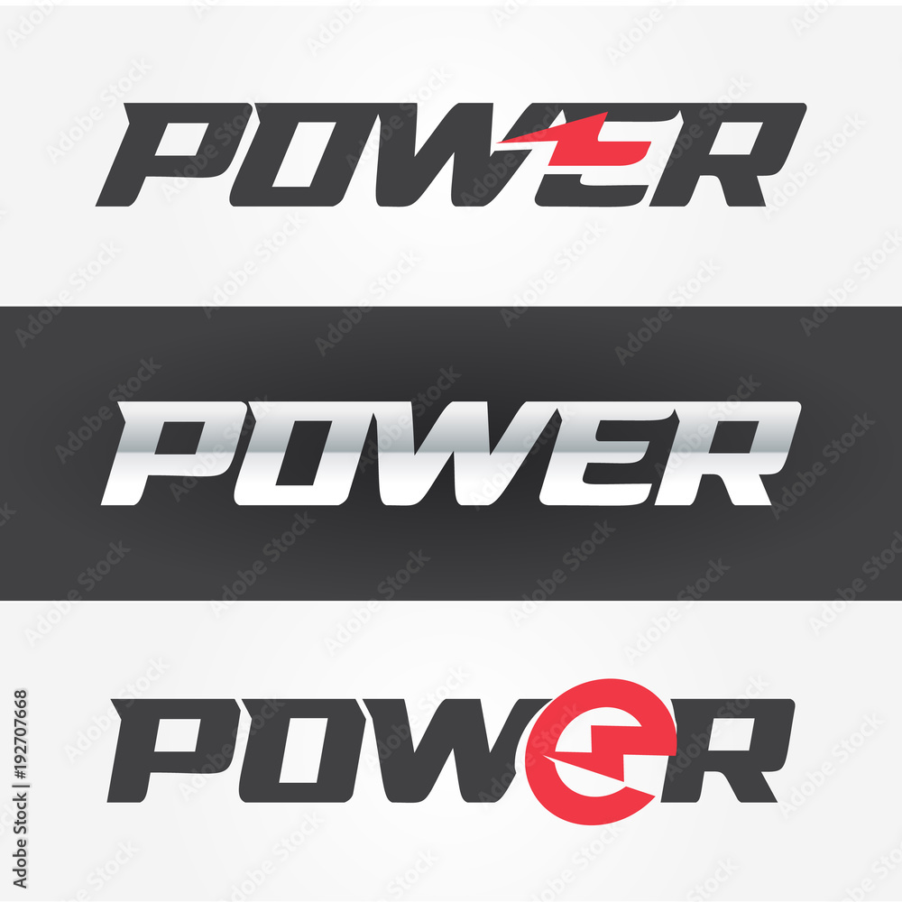 Power steel and black color logo with lightning symbol in letter, vector illustration.