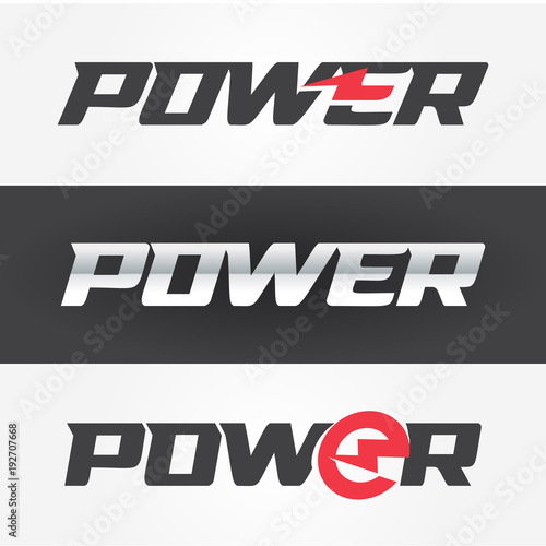 Power steel and black color logo with lightning symbol in letter, vector illustration.