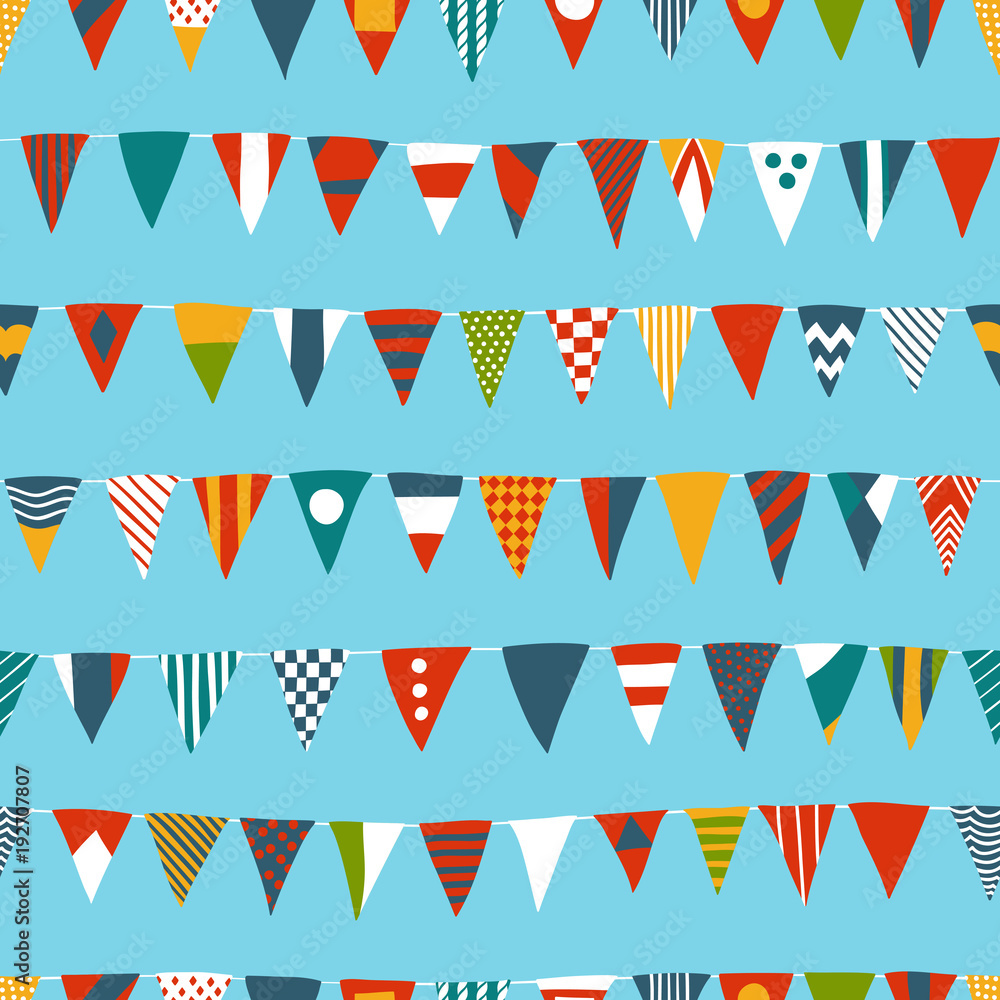 Fototapeta premium Multicolored Hand-drawn Seamless Pattern with Nautical Signal Flags on a Blue Background