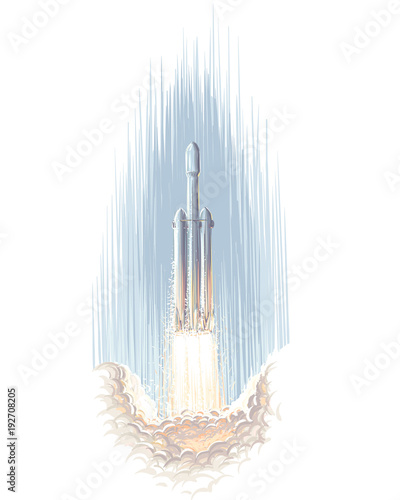 Heavy Rocket Flying above the clouds illustration. Vector.