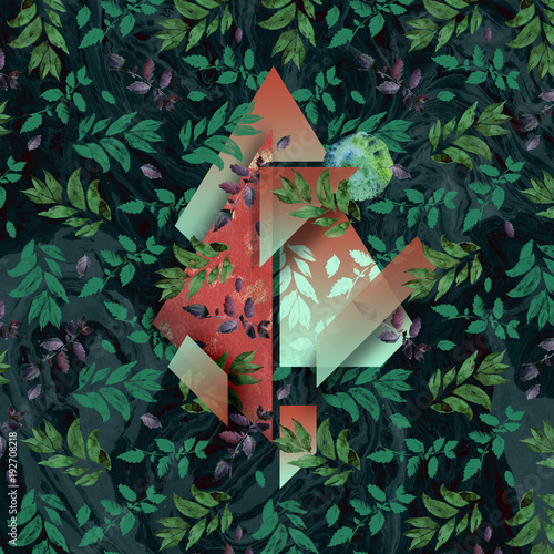 Green bay leaf geometry mystically trendy illustration with realistic marble texture and watercolor bright floral arts. Bronze textures with foil elements, rural basil leaves.