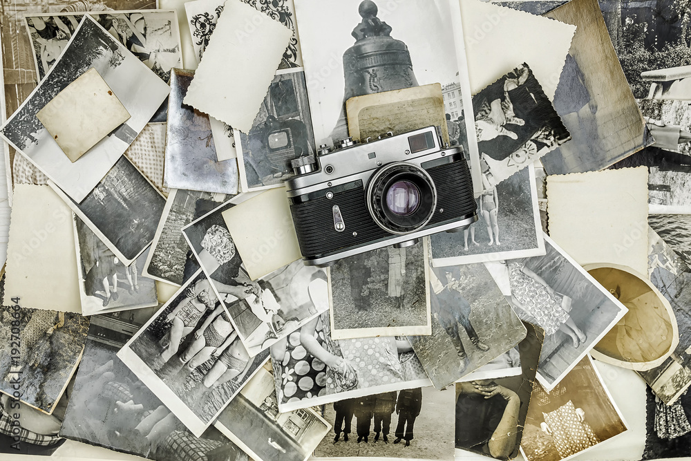 retro camera on the background of old photos