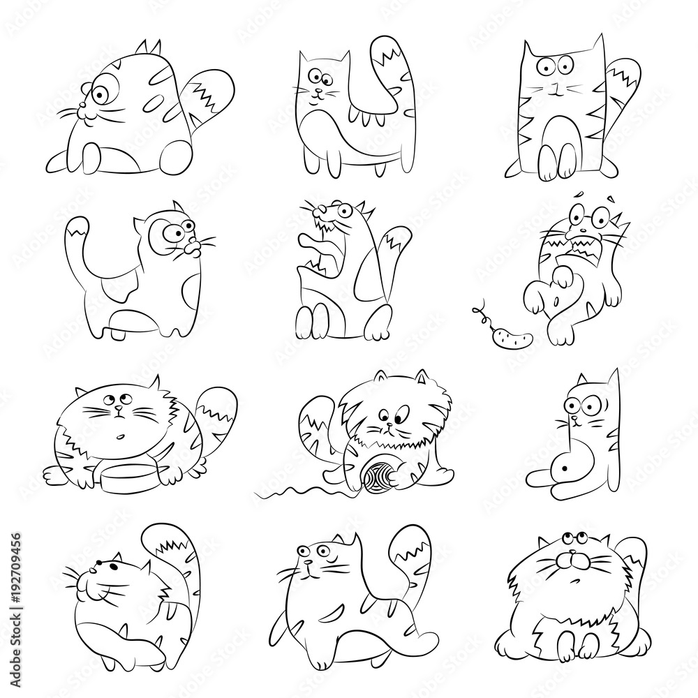 Cute cats of different actions. Vector sketch set isolated on a white background. Cute cats of different actions. Vector sketch set isolated on a white background.