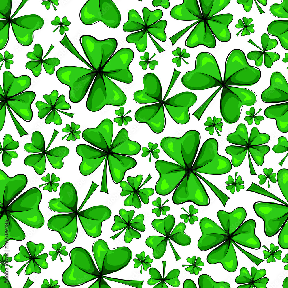 St. Patrick's Day vector background. Four leaf clover and green shamrock seamless pattern on a white ground.