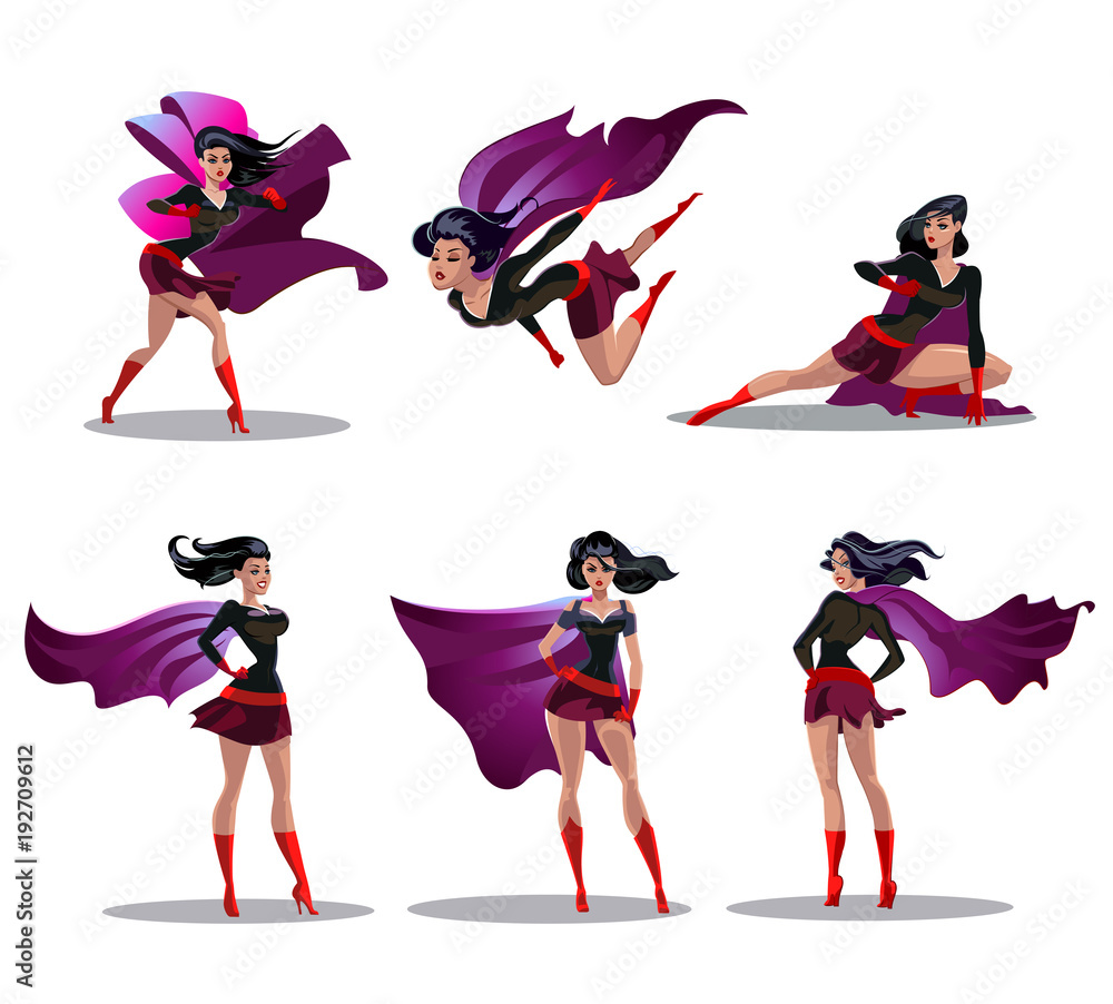 Comic superwoman actions in different poses. Female superhero vector cartoon  characters. Illustration of superhero woman cartoon Stock Vector | Adobe  Stock