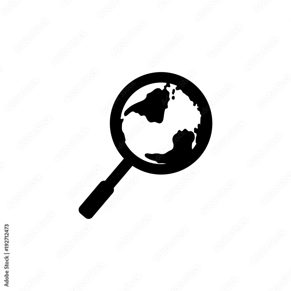 Global search vector icon. World globe symbol. Earth with magnifying glass search icon. Global search vector icon. World globe symbol. Earth with magnifying glass search icon.