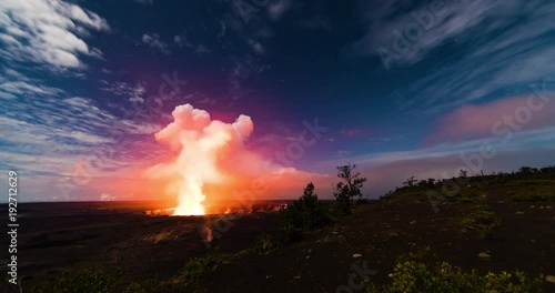 timelapse footage of steam and smoke rising from kilauea crater in volcano national park on big island of hawaii in the pacific ocean showing the red and orange glow against the night sky and clouds photo