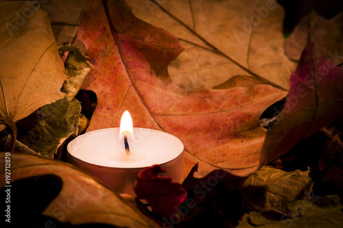 Lighted candle on the background of a large number of wilted leaves