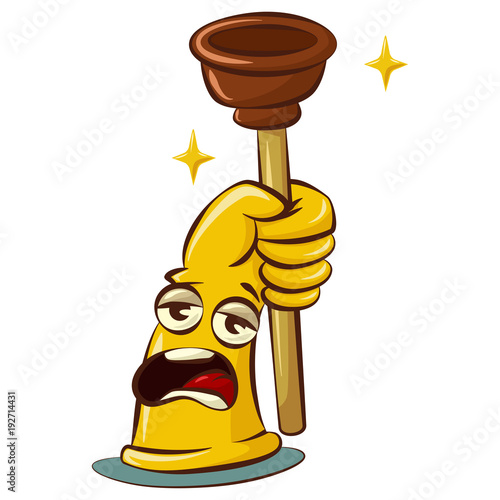 Cute yellow rubber gloves cartoon character with a plunger. Cleaning tools in hand illustration isolated on white background.