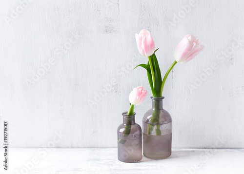 Pastel Pink Tulips in Glass Bottles