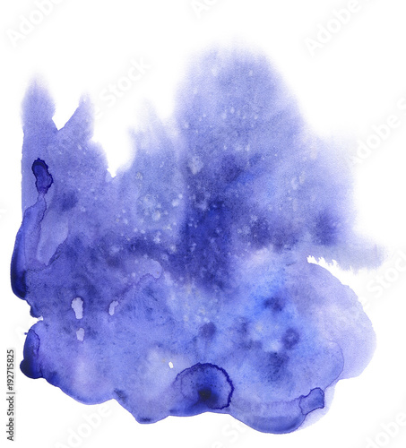 Blue abstract watercolor spot on the white background. The stain with uneven edges. Technique on raw. Wet texture. The effect of rain on the glass or gloomy rainy sky. Ideal for interior or textile.