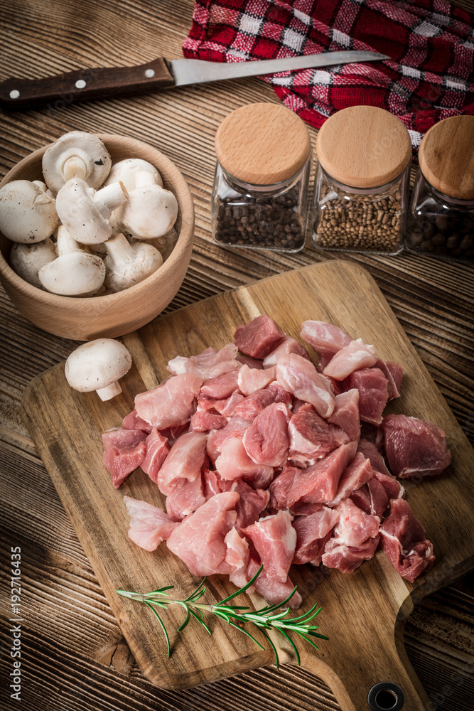 Raw meat diced for stew. Raw meat diced for stew.