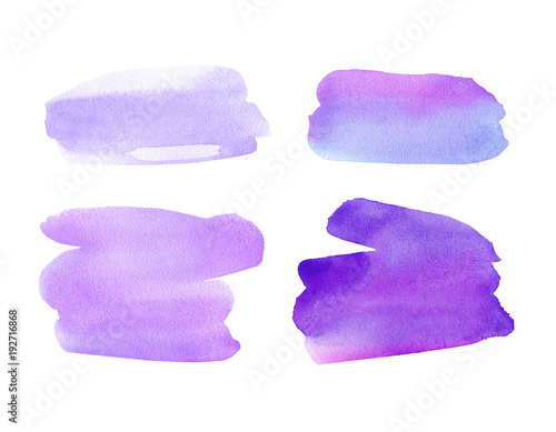 The hand drawn abstract delicate watercolor stain set. Ultra violet color.