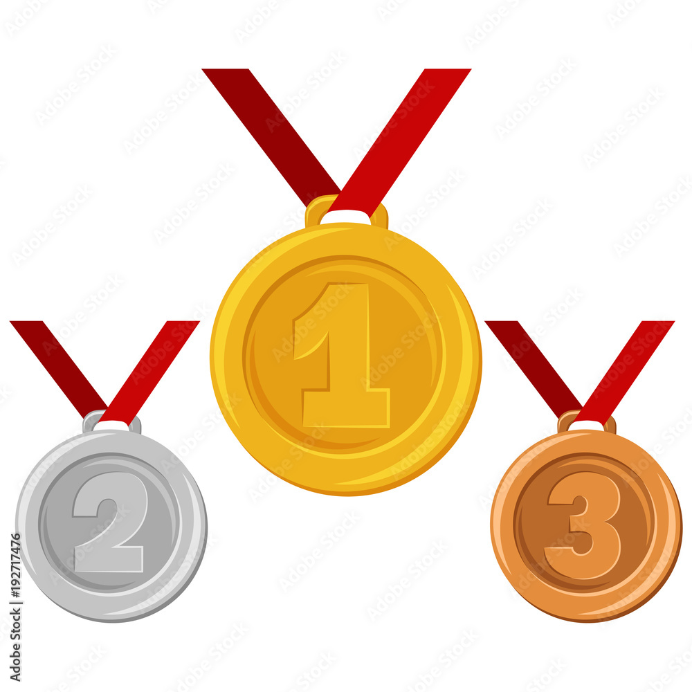 Gold, silver or bronze medal on red ribbon. Awards for winners in ...