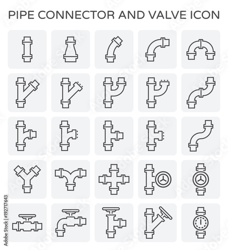 Pipe icon and flange fitting. Include control valve and pressure gauge. For pipeline construction and transportation liquid or gas i.e. oil, natural gas. Also for sewage, plumbing and irrigation.