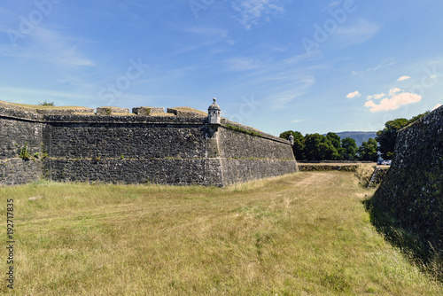 Walls of a 19th century fortress in a village called Valenca do Minho in Portugal that defended the border with Spain on the riverbank called Minho
