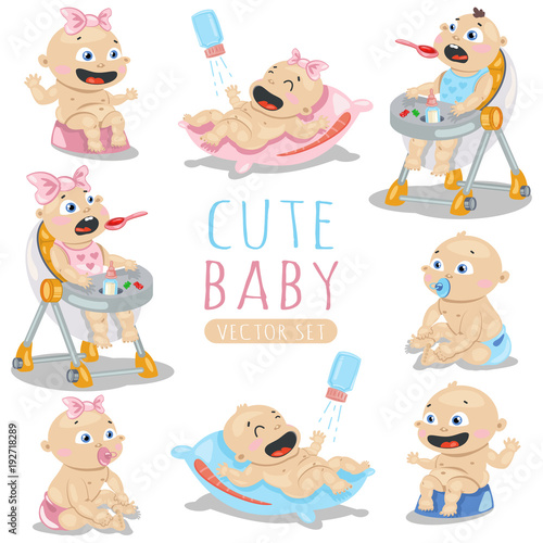 Cute baby set. Vector cartoon illustration with the characters of boys and girls on white background.