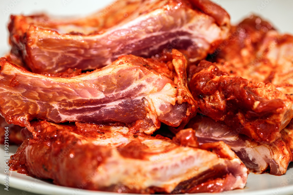 Seasoned pork ribs in closeup Seasoned pork ribs in closeup