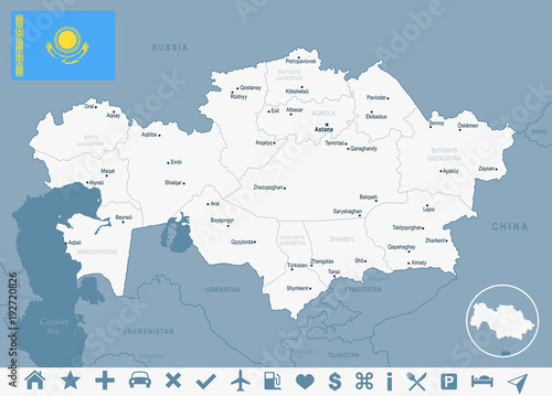 Kazakhstan - map and flag Detailed Vector Illustration