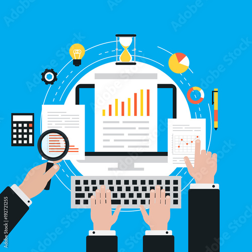 Business graph statistics flat vector illustration design. Business data analysis, seo analytics, financial report, market stats, infographic elements. Design for web banners and apps
