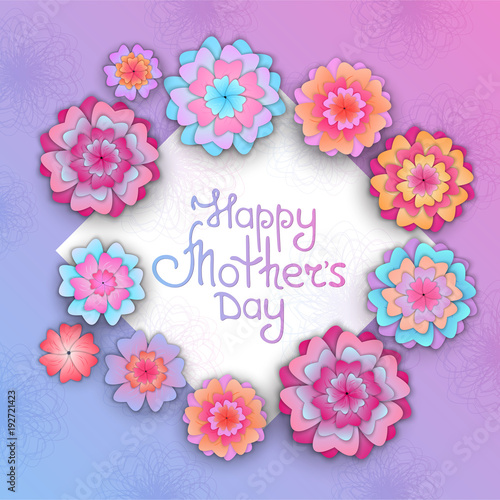 Greeting card with flowers for Mother's Day in the style of cut paper.