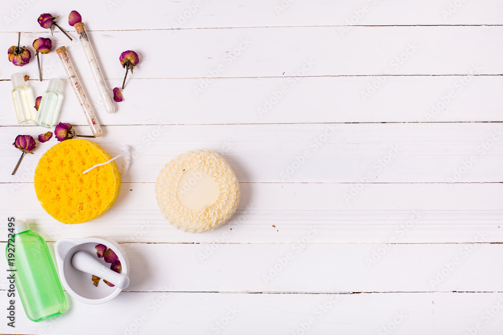 Skin care set on a white wooden background Skin care set on a white wooden background