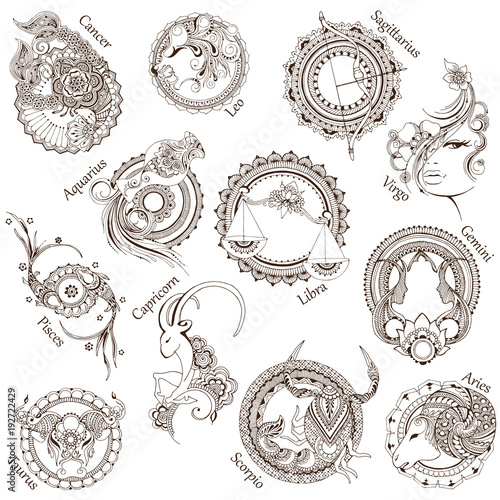Signs of the Zodiac made in mehndi style.