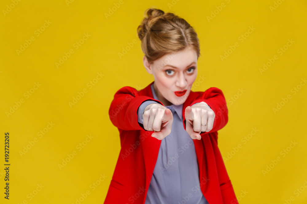 Wonder business woman pointing finger at camera. Wonder business woman pointing finger at camera.
