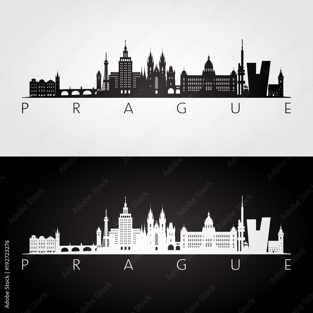 Prague skyline and landmarks silhouette, black and white design, vector illustration.