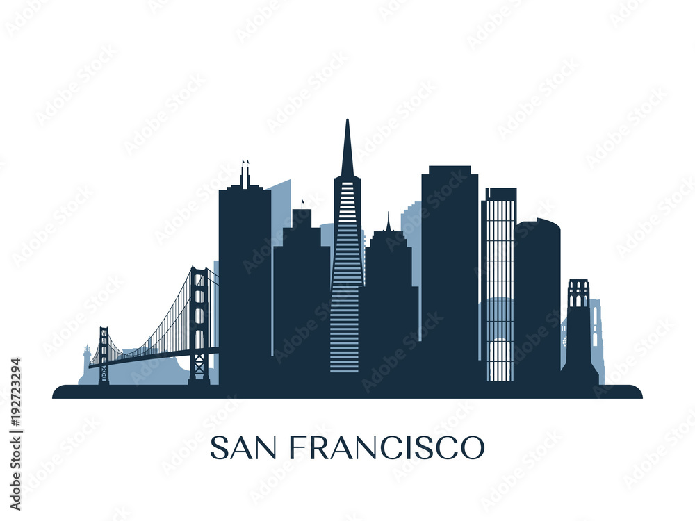 San Francisco skyline, monochrome silhouette. Vector illustration.