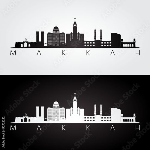 Makkah skyline and landmarks silhouette, black and white design, vector illustration.