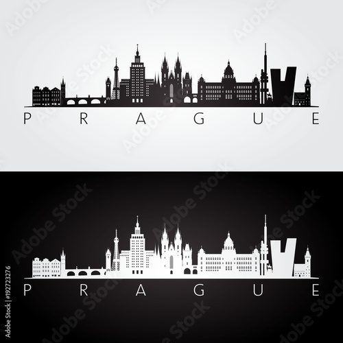Prague skyline and landmarks silhouette, black and white design, vector illustration.