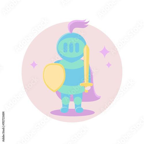 Knight with shield and sword. Vector illustration. Fairy-tale subjects and characters. Objects on a colored circle. Design for pictures, icons, postcards, covers, flat and cartoon style.