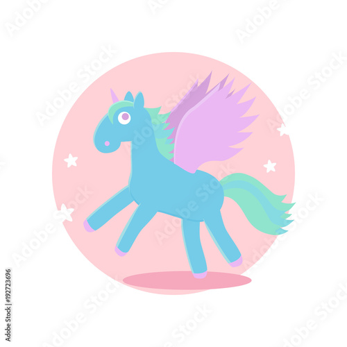 Color unicorn. Vector illustration. Fairy-tale subjects and characters. Objects on a colored circle. Design for pictures, icons, postcards, covers, flat and cartoon style.