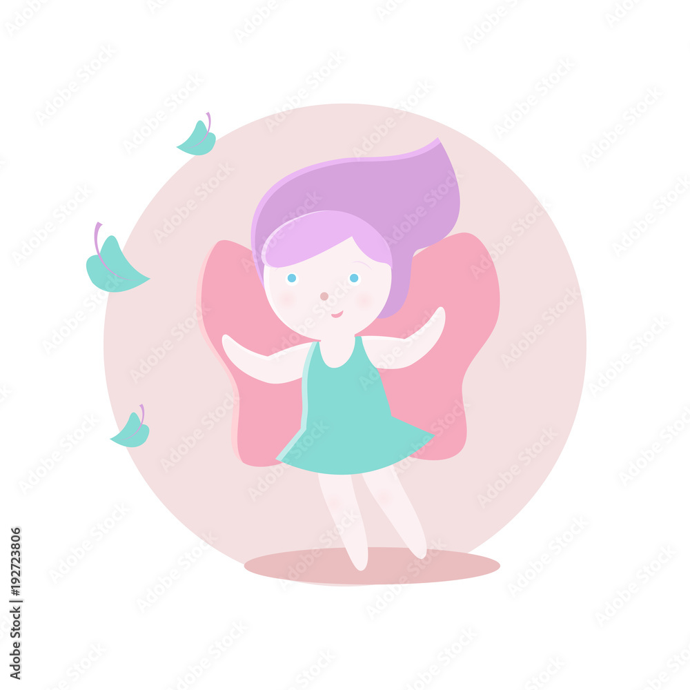 The fairy with wings looks at the leaves. Vector illustration. Fairy-tale subjects and characters. Objects on a colored circle. Design for pictures, icons, postcards, covers, flat and cartoon style. The fairy with wings looks at the leaves. Vector illustration. Fairy-tale subjects and characters. Objects on a colored circle. Design for pictures, icons, postcards, covers, flat and cartoon style.
