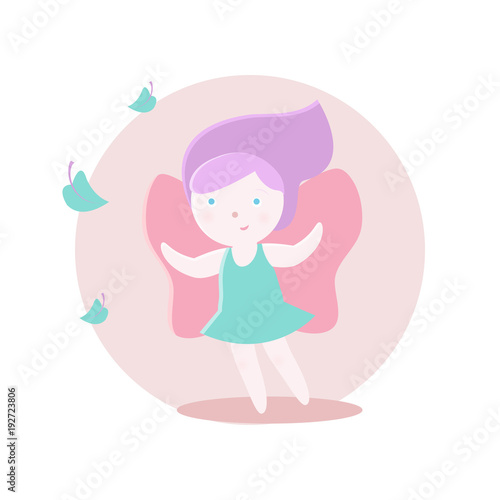 The fairy with wings looks at the leaves. Vector illustration. Fairy-tale subjects and characters. Objects on a colored circle. Design for pictures, icons, postcards, covers, flat and cartoon style.