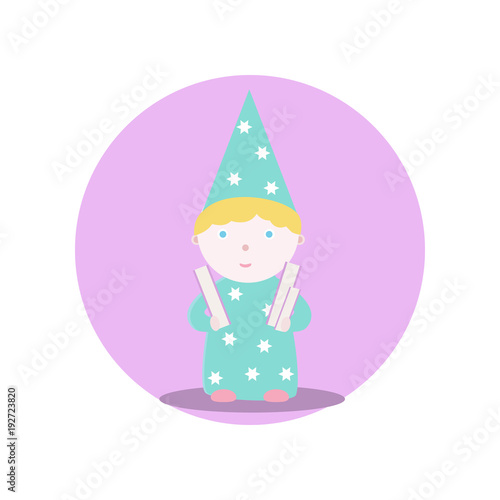 A wizard boy holds books in his hands. Vector illustration. Fairy-tale subjects and characters. Objects on a colored circle. Design for pictures, icons, postcards, covers, flat and cartoon style.