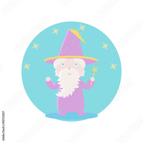 The old wizard holds a magic wand in his hand and looks at the stars. Vector illustration. Fairy-tale subjects and characters. Objects on a colored circle. Design for pictures, icons, postcards