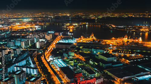 Aerial view of the Osaka Bay harbor area at night