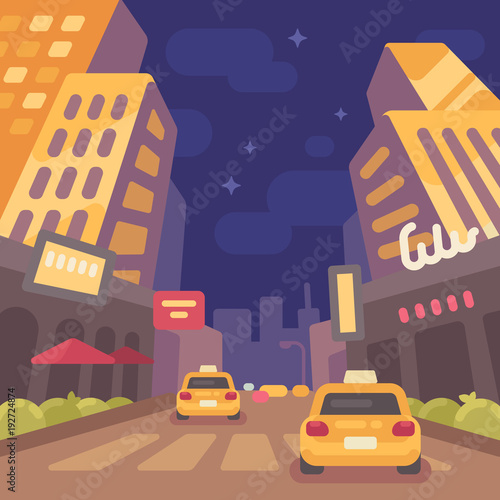 Night modern city street with taxi cars low perspective view. Vintage travel poster flat illustration © Ivan Dubovik